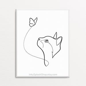 Arte mural imprimible de gato y mariposa. Dibujo minimalista de retrato de mascota. Estampado animal en blanco y negro.
