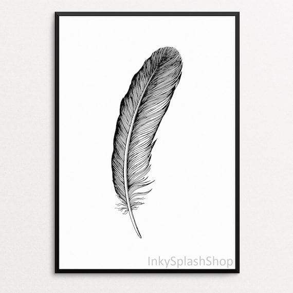 Feather Printable Art Boho Bedroom Wall Decor Black Bird Feather Ink Drawing Nature Print Rustic Home Decor Minimalist Poster Download