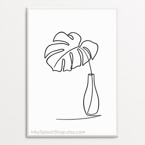 Hoja de monstera en jarrón, Arte de pared de plantas tropicales en blanco y negro, Póster minimalista de plantas de interior, Dibujo botánico simple de líneas continuas