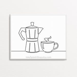 Arte de línea de café imprimible, cafetera Moka y taza, dibujo de línea continua, póster de cafetera espresso, impresión de cocina minimalista, decoración de pared para el hogar, descargar