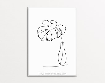 Monstera leaf in vase print Black and white tropical plant wall art Minimalist house plant poster Simple botanical continuous line drawing