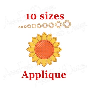 May include: A yellow sunflower applique with a red and white polka dot center. The image shows 10 different sizes of the applique.