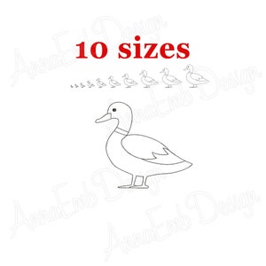 May include: A black and white line drawing of a duck in 10 different sizes. The duck is facing right and has a long neck and beak. The duck is standing on two legs.