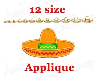 May include: A digital embroidery design of a sombrero, a traditional Mexican hat. The design comes in 12 sizes and is perfect for creating appliques.