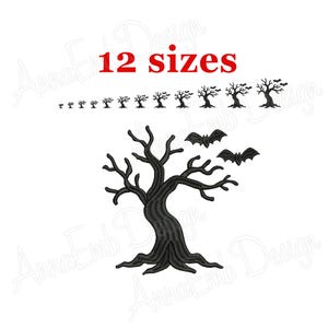 May include: An embroidery design featuring a black silhouette of a gnarled, leafless tree with two flying bats. Above the main design, a row of twelve smaller versions of the tree are displayed in increasing sizes, with the red text 12 sizes.