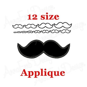 Peut inclure: Une applique de moustache noire et blanche. Le motif est disponible en 12 tailles. Le texte "12 size" et "Applique" est en rouge.