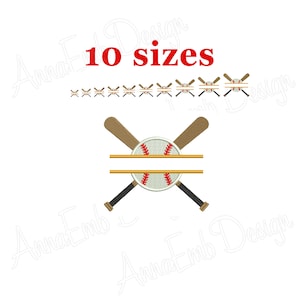 May include: Baseball split monogram embroidery design with two crossed bats and a baseball in the center. The design is available in 10 sizes.