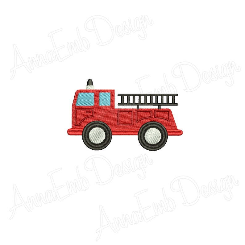 May include: A red fire truck with black wheels and a black ladder on top. The fire truck has blue windows and a white light on top. The design is a cartoon style.