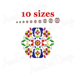 May include: A colourful embroidery design featuring a floral pattern with yellow, red, blue, pink, and green flowers. The design is available in 10 sizes.