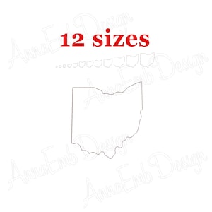 May include: Outline of the state of Ohio in 12 different sizes. The text "12 sizes" is in red.