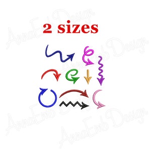 Pode incluir: Um conjunto de 10 desenhos de flechas bordadas coloridas em dois tamanhos. As flechas são de vários estilos, incluindo retas, curvas e onduladas.