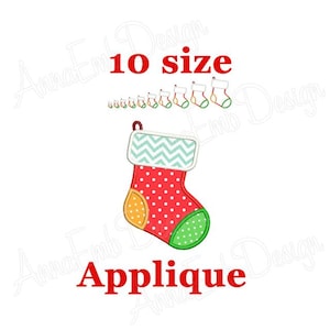 May include: Christmas stocking applique embroidery design in 10 sizes. The stocking is red with white polka dots, a green cuff, and a yellow and orange heel. The cuff has a blue and white chevron pattern.
