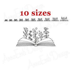 May include: Black and white line art of an open book with flowers and the text "10 sizes" in red. Above the book are 10 smaller open books with flowers.