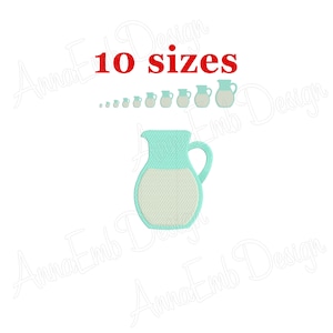 May include: A set of 10 embroidery designs of a blue pitcher with white milk. The designs are in various sizes.