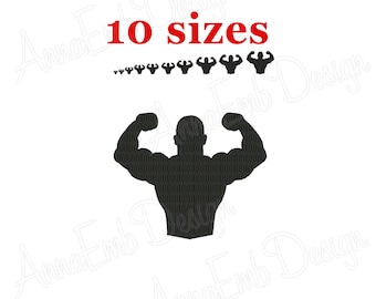 May include: A black silhouette of a person flexing their muscles with the text "10 sizes" in red above the silhouette.