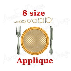 Plate knife fork applique Embroidery Design. Plate applique embroidery. Kitchen embroidery. Cutlery Design. Machine embroidery designs.