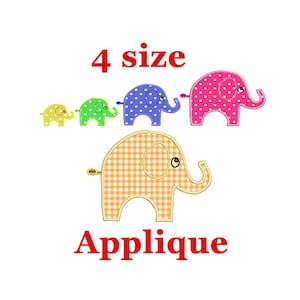 Peut inclure: Quatre tailles différentes d'applications brodées d'éléphants. Les éléphants sont de différentes couleurs et motifs, notamment rose à pois blancs, bleu à pois blancs, vert à pois blancs et orange à carreaux blancs et orange.