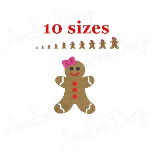 May include: A gingerbread girl with a pink bow on her head. The gingerbread girl is brown with white icing and red buttons. The image shows 10 different sizes of the gingerbread girl.