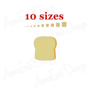 May include: A digital embroidery design of a slice of bread in 10 different sizes. The bread is a light yellow colour with a slightly darker yellow crust.