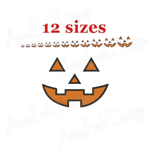 May include: Orange jack-o'-lantern face design with black outlines and triangular eyes. The text "12 sizes" is in red above a row of smaller jack-o'-lantern faces. Perfect for Halloween crafts and embroidery projects.