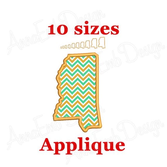 Mississippi State Applique Embroidery Design. State Applique Embroidery Design. Machine Embroidery. USA State. Mississippi Applique Design.