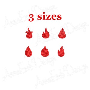Könnte beinhalten: Sechs rote Flammen-Stickmotive in drei verschiedenen Größen. Der Text "3 Größen" befindet sich über den Motiven.