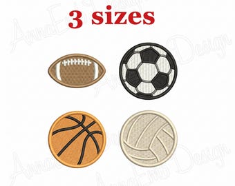 Könnte beinhalten: Ein Stickdesign-Set mit vier Sportbällen: ein brauner Football, ein schwarz-weißer Fußball, ein orangefarbener Basketball und ein weißer Volleyball. Der Text 3 sizes ist in roter Schrift über den vier runden und ovalen Ball-Symbolen zu sehen.