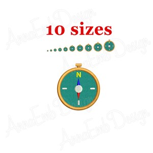 May include: A compass embroidery design with a green face, gold trim, and a red and white arrow pointing north. The design is available in 10 sizes.