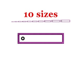 May include: Purple embroidered rectangle with a hole in the top. The text "10 sizes" is above the rectangle.