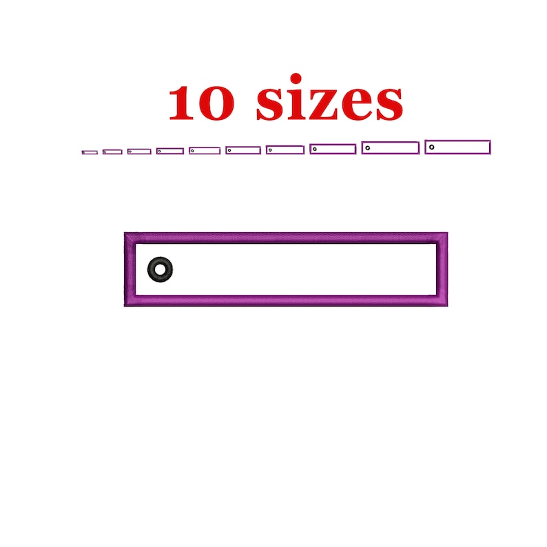 May include: Purple embroidered rectangle with a hole in the top. The text "10 sizes" is above the rectangle.