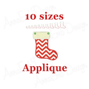 Puede incluir: Aplique de calcetín de Navidad de chevron rojo y blanco con un puño blanco y un ribete verde. El aplique está disponible en 10 tamaños.