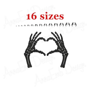 May include: A black embroidery design featuring two skeletal hands forming a heart shape. Above the main graphic, the text 16 sizes is displayed in red, followed by a horizontal row of sixteen smaller versions of the same skeletal hand heart design.
