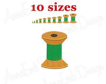 May include: A set of 10 embroidery designs of a spool of thread. The spool is brown with a green thread. The designs are available in different sizes.