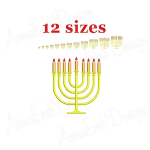 May include: A gold menorah with nine candles, each with a red flame. The menorah is on a white background with the text "12 sizes" in red.