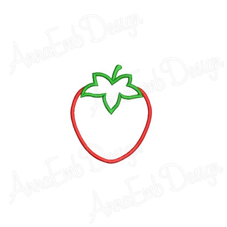 May include: A red and green outline of a strawberry with a leaf on top.