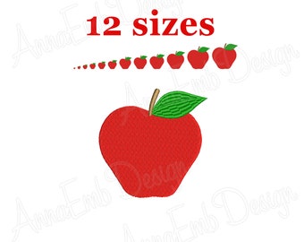 Puede incluir: Diseño de bordado de manzana roja con una hoja verde. El diseño viene en 12 tamaños.