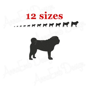 Diseño de bordado de pug. Diseño de bordado a máquina. Silueta de pug. Diseño Mini Pug Dog. Bordado de cachorros. Bulldog holandés.