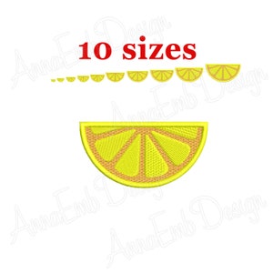 May include: An embroidered design featuring a lemon slice in various sizes. The design includes the text "10 sizes" in red. The lemon slices are yellow with a brown rind and are arranged in a row, with a larger slice at the bottom.