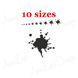 May include: A black ink splatter design in 10 different sizes. The design is perfect for embroidery projects.
