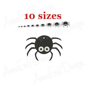 Puede incluir: Un diseño de araña negra con ojos blancos grandes y un cuerpo difuso. La imagen incluye el texto "10 tamaños" en rojo, con una línea de diseños de arañas más pequeñas encima de la más grande. El diseño está sobre un fondo blanco.