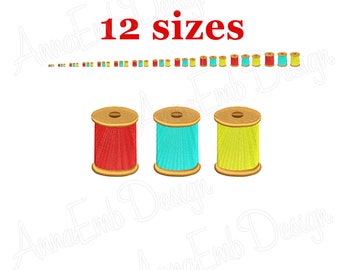 May include: Three spools of thread, one red, one turquoise, and one yellow, with wooden spools. The text "12 sizes" is above the spools.