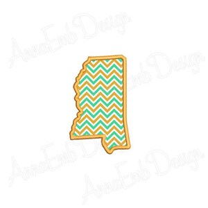 May include: An outline of the state of Mississippi with a chevron pattern in teal and gold.