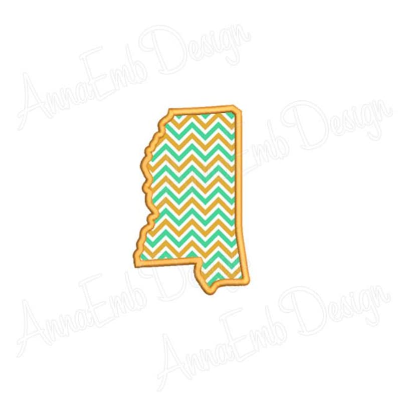 May include: An outline of the state of Mississippi with a chevron pattern in teal and gold.