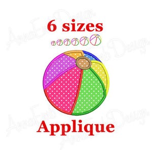Könnte beinhalten: Ein farbenfrohes Applikations-Stickmuster für einen Strandball mit weißen Punkten. Das Design ist in sechs Größen erhältlich. Der Text "Applique" steht unter dem Strandball.