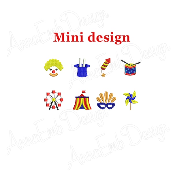 Circus Embroidery Design Mini Circus Machine embroidery design Carnival clown focus drum carousel Circus Tent Mask Pinwheel Ferris wheel