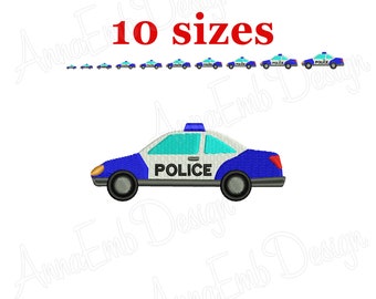 May include: A blue and white police car with a light blue roof and a black "POLICE" sign on the side. The car is in 10 different sizes.