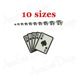 May include: A design featuring playing cards, including the 10, Jack, Queen, King, and Ace of Spades. The text "10 sizes" is displayed in red above the cards. The cards are arranged in a fan shape.