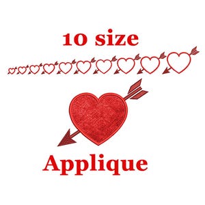Puede incluir: Aplique de corazón rojo con una flecha que lo atraviesa. El corazón es texturizado y la flecha es roja. El texto "10 size" y "Applique" están en rojo.