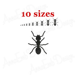 May include: Black silhouette of an ant in 10 different sizes. The ant is facing forward with its legs outstretched. The text "10 sizes" is written in red above the ant.