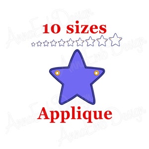 May include: Blue star applique with 10 sizes. The star has two gold eyelets. The text "10 sizes" and "Applique" are in red.